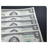 Five Sequential Two Dollar Bills