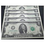 Five Sequential Two Dollar Bills