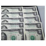 Ten Sequential Two Dollar Bills