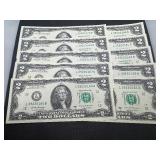 Ten Sequential Two Dollar Bills