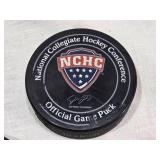 Ryan Poehling Autographed St. Cloud State Huskies Hockey Puck with 2 other Pucks including NCHC Official Game Puck and Herb Brooks National Hockey Center Commemorative Puck