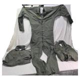 Lot of Military Flight Coveralls Including CWU-27/P and Fire-Resistant Types - Sizes 40L, 44R, 42 Regular - Green and 1 Tan