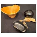 Art Collection--Mo Hawk Branham Feb 1997 Clavlia Swan, Abby Tofte Glass Art From Silverston Gallery in Grand Marais MN, & Jerry Kermods Maple Bowl