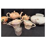 Tea Set, Crystal Mustard, Cream & Sugar, and Vase