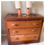 Vintage Oak Knobbed Dresser with Vintage Lamps & Hand Mirror