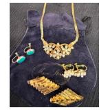 Vintage Jewelry Collection with Necklace and Clip Earrings in a Felt Bag