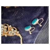 Vintage Jewelry Collection with Necklace and Clip Earrings in a Felt Bag