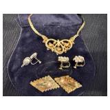Vintage Jewelry Collection with Necklace and Clip Earrings in a Felt Bag