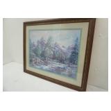 "Log Cabin by the River in the Mountains" by Lee K. Parkinson. Print, framed, matted.