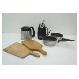 Kitchen Lot: Cutting Boards, Insulated Cuisinart Coffee Pot, Can Opener, Sauce Pans
