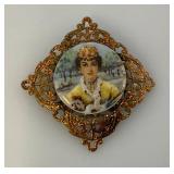 Antique Pin Brooch Yellow Gold Tone Round Porcelain Hand Painted Figural Image Western Germany Marked
