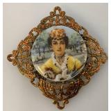 Antique Pin Brooch Yellow Gold Tone Round Porcelain Hand Painted Figural Image Western Germany Marked