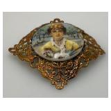 Antique Pin Brooch Yellow Gold Tone Round Porcelain Hand Painted Figural Image Western Germany Marked