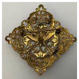 Antique Pin Brooch Yellow Gold Tone Round Porcelain Hand Painted Figural Image Western Germany Marked