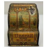 Vintage U Save A Dime Bank Tin Litho Cash  Register Miniature 3" x 3 3/4" x 3 3/4" Bank