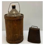 Antique Early Metal And Wood Kerosene Jug 15" Tall And Heavy Metal 7" Cow Bell