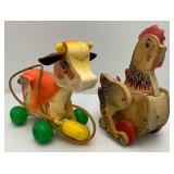 Very Old Fisher Price Including Chicken And Cow Pull Toys