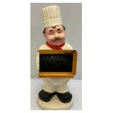 16 1/2" Tall Pottery Chef With Chalk Board (Missing Part Of Wood Frame)