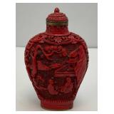 Antique Stunning Hand Carved Cinnabar Snuff Bottle With Chinese Writing On Bottom
