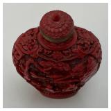 Antique Stunning Hand Carved Cinnabar Snuff Bottle With Chinese Writing On Bottom