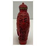 Antique Stunning Hand Carved Cinnabar Snuff Bottle With Chinese Writing On Bottom