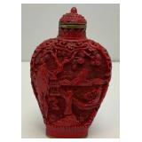 Antique Stunning Hand Carved Cinnabar Snuff Bottle With Chinese Writing On Bottom