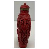 Antique Stunning Hand Carved Cinnabar Snuff Bottle With Chinese Writing On Bottom