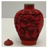 Antique Stunning Hand Carved Cinnabar Snuff Bottle With Chinese Writing On Bottom
