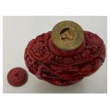 Antique Stunning Hand Carved Cinnabar Snuff Bottle With Chinese Writing On Bottom