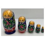 Vintage Russian 5Pc Hand Painted Blue Wooden Nesting Dolls 6"