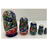 Vintage Russian 5Pc Hand Painted Blue Wooden Nesting Dolls 6"
