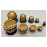 Vintage Russian 5Pc Hand Painted Blue Wooden Nesting Dolls 6"