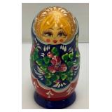 Vintage Russian 5Pc Hand Painted Blue Wooden Nesting Dolls 6"