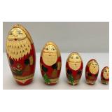 Vintage Russian 5Pc Hand Painted Wooden Santa Claus Wooden Nesting Dolls  5 1/2"