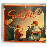 Antique Swedish Christmas Illustration "Godful" Santa And Elves 15 1/4" x 32 3/4"