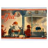 Antique Swedish Christmas Illustration "Godful" Santa And Elves 15 1/4" x 32 3/4"