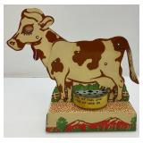 Vintage Tin Litho Mooing Cow Mechanical Pull Tail Toy (Voice Box Needs Work) 9" L x 8 b1/2" H x 3" W