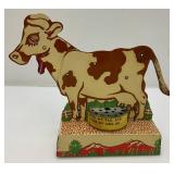 Vintage Tin Litho Mooing Cow Mechanical Pull Tail Toy (Voice Box Needs Work) 9" L x 8 b1/2" H x 3" W