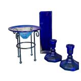 DR - Cobalt Blue Glass Decor Set: Vase, Bowl with Metal Stand, and Candle Holders