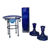 DR - Cobalt Blue Glass Decor Set: Vase, Bowl with Metal Stand, and Candle Holders
