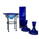 DR - Cobalt Blue Glass Decor Set: Vase, Bowl with Metal Stand, and Candle Holders