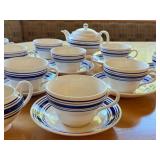 K - Ralph Lauren Farmstead Ticking Tea Set with Cups, Saucers, Teapot, Creamer, and Sugar Bowl