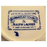 K - Ralph Lauren Farmstead Ticking Tea Set with Cups, Saucers, Teapot, Creamer, and Sugar Bowl