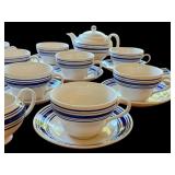 K - Ralph Lauren Farmstead Ticking Tea Set with Cups, Saucers, Teapot, Creamer, and Sugar Bowl