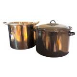 LL - Pair of Large Stock Pots with Lids, Stainless Steel and Enamel