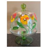 LR - Hand Painted Domed Glass Cake Plate with Floral and Bee Motif