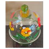 LR - Hand Painted Domed Glass Cake Plate with Floral and Bee Motif