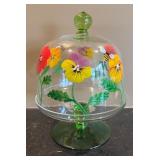 LR - Hand Painted Domed Glass Cake Plate with Floral and Bee Motif