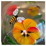 LR - Hand Painted Domed Glass Cake Plate with Floral and Bee Motif