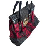 U - Red and Black Handbag with Croc-Embossed Accents by The Find